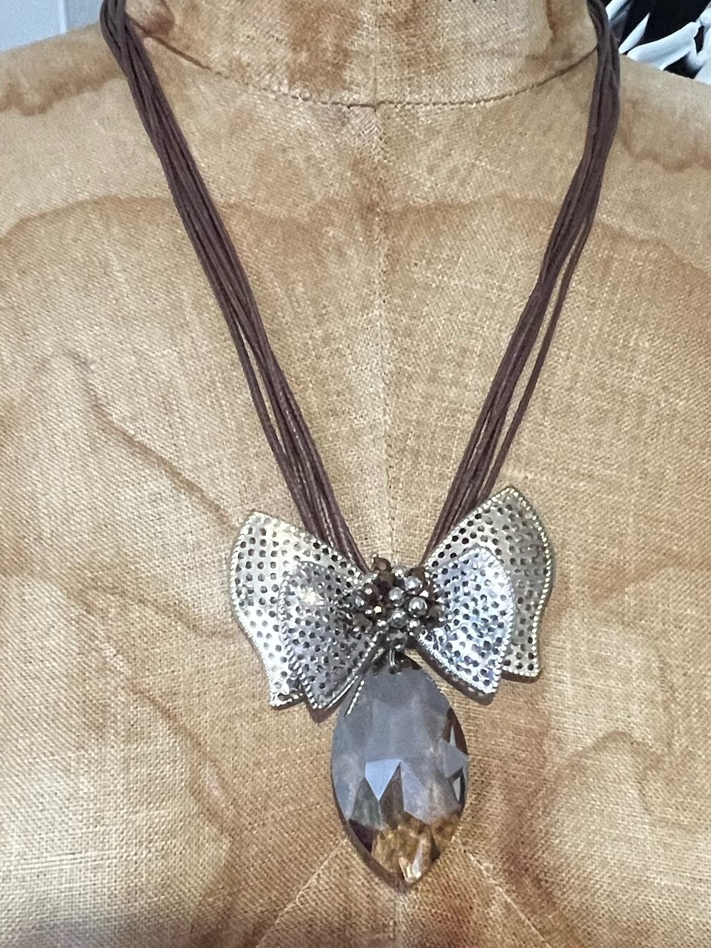 Vintage-Inspired Brown Cord Necklace with Silver Bow Smoky Crystal Pendant EUC